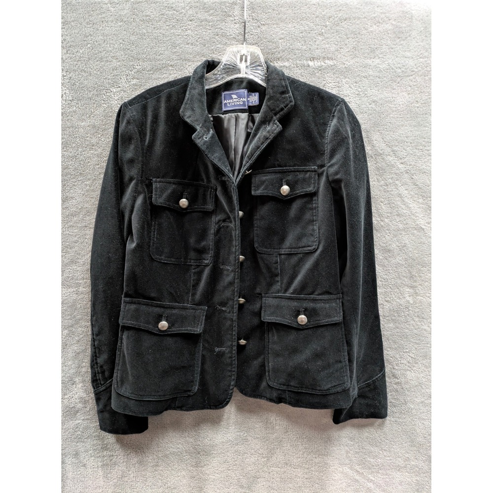 Black Velvet Blazer Womens Small Utility Jacket Dark Academia Cotton Military